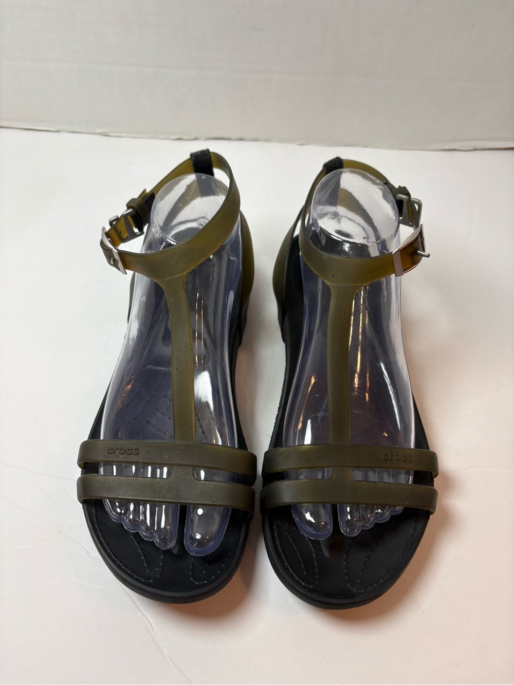 Crocs Sexi Dark Olive/Black Color way T-strap Sandals Size 9
